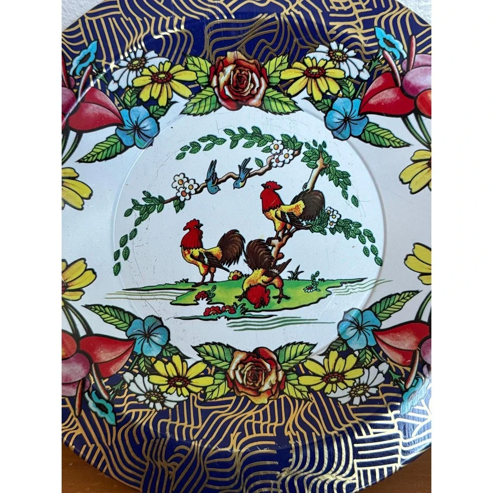 Vintage Action Industries Brazil‎ Rooster Floral Tin Plates 9 in Lot-2 Farmhouse
